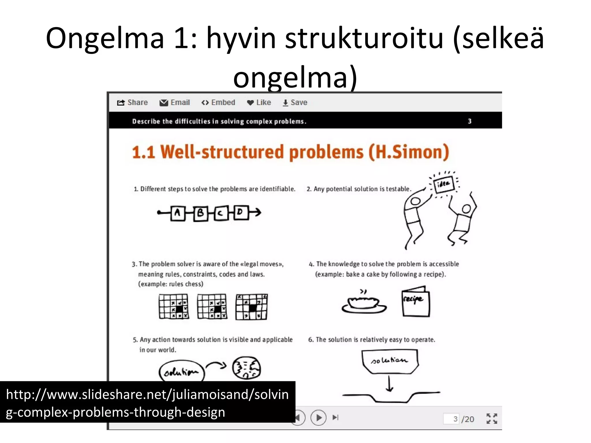 Ongelma 1: hyvin strukturoitu (selkeä
ongelma)
http://www.slideshare.net/juliamoisand/solvin
g-complex-problems-through-design
 