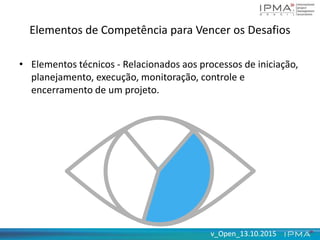 v_Open_13.10.2015v_Open_13.10.2015
Elementos de Competência para Vencer os Desafios
• Elementos técnicos - Relacionados aos processos de iniciação,
planejamento, execução, monitoração, controle e
encerramento de um projeto.
 