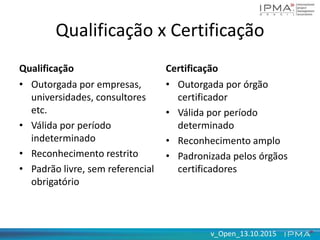v_Open_13.10.2015
Qualificação x Certificação
Qualificação
• Outorgada por empresas,
universidades, consultores
etc.
• Válida por período
indeterminado
• Reconhecimento restrito
• Padrão livre, sem referencial
obrigatório
Certificação
• Outorgada por órgão
certificador
• Válida por período
determinado
• Reconhecimento amplo
• Padronizada pelos órgãos
certificadores
 