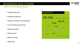 20
BUSINESS SOLUTIONS
.NET und C# Entwicklung
MICROSOFT
MS SQL
SharePointBI
.NET
mobile
Collaboration
Projekte
MS IIS
Berechtigungen
Workflow
Lync
Silverlight
Portal
SW Entwicklung
 Projektmanagement
 Qualitätsmanagement
 Desktop und Backend Entwicklungen
 UI User Interface Entwicklung
 Webanwendungen
 Datenmigration
 Mobile Lösungen
 Mobile Apps
 