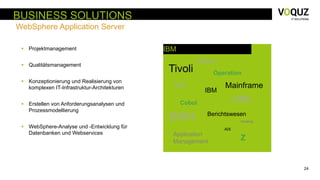 24
BUSINESS SOLUTIONS
WebSphere Application Server
IBM
Tivoli
UML
DWH
Cobol
AIX
Eclipse
Application
Management
Mainframe
Operation
Host
Berichtswesen
Hosting
IBM
Z
 Projektmanagement
 Qualitätsmanagement
 Konzeptionierung und Realisierung von
komplexen IT-Infrastruktur-Architekturen
 Erstellen von Anforderungsanalysen und
Prozessmodellierung
 WebSphere-Analyse und -Entwicklung für
Datenbanken und Webservices
 