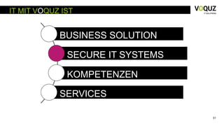 31
IT MIT VOQUZ IST
BUSINESS SOLUTION
SECURE IT SYSTEMS
KOMPETENZEN
SERVICES
 