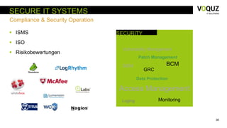 38
 ISMS
 ISO
 Risikobewertungen
SECURE IT SYSTEMS
Compliance & Security Operation
SECURITY
Access Management
Data Protection
Vulnerability Management
Loging
BCM
Patch Management
SIEM
GRC
Monitoring
 