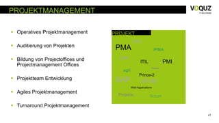 41
 Operatives Projektmanagement
 Auditierung von Projekten
 Bildung von Projectoffices und
Projectmanagement Offices
 Projektteam Entwicklung
 Agiles Projektmanagement
 Turnaround Projektmanagement
PROJEKTMANAGEMENT
PROJEKT
PMA
IPTMSAP
agil
Web Applications
GPM
Projekte
PMI
IPMA
CRM
Prince-2
Solaris
ITIL
Scrum
 