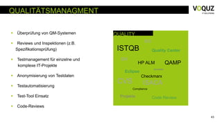 43
 Überprüfung von QM-Systemen
 Reviews und Inspektionen (z.B.
Spezifikationsprüfung)
 Testmanagement für einzelne und
komplexe IT-Projekte
 Anonymisierung von Testdaten
 Testautomatisierung
 Test-Tool Einsatz
 Code-Reviews
QUALITÄTSMANAGMENT
QUALITY
ISTQB
ISACACVS
Eclipse
Compliance
ISO
Projekte
QAMP
Quality Center
QM
Checkmarx
Acunetix
HP ALM
Code Review
 