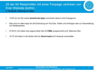 25 der 54 Reisemittler mit einer Fanpage verlinken von
Ihrer Website dorthin.
3. Facebook | Nutzung von Apps


   14,8% (8 von 54) nutzen bestehende Apps und binden diese in ihre Fanpage ein

   Dies sind vor allem Apps für die Einbindung von YouTube, Twitter und Umfragen oder zur Veranstaltung
    von Wettbewerben

   27,8%% (15) haben eine eigene Seite-Tab mit FBML programmiert (z.B. Welcome-Tab)

   16,7% (9) haben in der letzten Zeit ein Gewinnspiel auf Facebook veranstaltet




Juni 2011                            Social Media bei Reisebüros                                 8
              Vorabuntersuchung zur TOUROM-Studie 2011: Social Media in der Reisebranche
 
