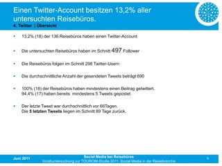 Einen Twitter-Account besitzen 13,2% aller
untersuchten Reisebüros.
4. Twitter | Übersicht

   13,2% (18) der 136 Reisebüros haben einen Twitter-Account


   Die untersuchten Reisebüros haben im Schnitt 497 Follower

   Die Reisebüros folgen im Schnitt 298 Twitter-Usern

   Die durchschnittliche Anzahl der gesendeten Tweets beträgt 690

   100% (18) der Reisebüros haben mindestens einen Beitrag getwittert.
    94,4% (17) haben bereits mindestens 5 Tweets gepostet

   Der letzte Tweet war durchschnittlich vor 66Tagen.
    Die 5 letzten Tweets liegen im Schnitt 89 Tage zurück.




Juni 2011                            Social Media bei Reisebüros                           9
              Vorabuntersuchung zur TOUROM-Studie 2011: Social Media in der Reisebranche
 