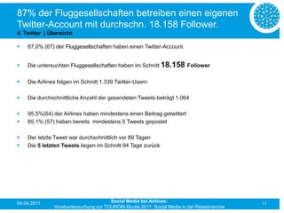 87% der Fluggesellschaften betreiben einen eigenen
Twitter-Account mit durchschn. 18.158 Follower.
4. Twitter | Übersicht

   87,0% (67) der Fluggesellschaften haben einen Twitter-Account


   Die untersuchten Fluggesellschaften haben im Schnitt 18.158 Follower

   Die Airlines folgen im Schnitt 1.339 Twitter-Usern

   Die durchschnittliche Anzahl der gesendeten Tweets beträgt 1.064

   95,5%(64) der Airlines haben mindestens einen Beitrag getwittert
   85,1% (57) haben bereits mindestens 5 Tweets gepostet

   Der letzte Tweet war durchschnittlich vor 89 Tagen
   Die 5 letzten Tweets liegen im Schnitt 94 Tage zurück




04.04.2011                            Social Media bei Airlines:                           11
              Vorabuntersuchung zur TOUROM-Studie 2011: Social Media in der Reisebranche
 