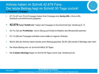 Airlines haben im Schnitt 42.679 Fans.
Der letzte Beitrag liegt im Schnitt 30 Tage zurück!
3. Facebook | Fanpages

   67,1% (47 von 70 mit Fanpage) haben Ihrer Fanpage eine Vanity-URL (=Kurz-URL:
    facebook.com/Airlinename) gegeben


 42.679 Fans/“Gefällt mir“ haben die Fanpages im Durchschnitt (Vgl. Verteilung S. 7)

   45,7% (32) der Profilbilder sind in Bezug auf Größe & Relation des Miniaturbild optimiert

   97,1% (68) der Fanpages enthalten einen Link zur eigenen Website

   98,6% (69) der Airlines haben bereits einen Beitrag gepostet. 92,9% (65) bereits 5 Beiträge oder mehr

   Der letzte Beitrag war vor durchschnittlich 30 Tagen.

   Die 5 letzten Beiträge liegen im Schnitt 49 Tage zurück (Vgl. Verteilung S.8)




04.04.2011                            Social Media bei Airlines:                                    6
              Vorabuntersuchung zur TOUROM-Studie 2011: Social Media in der Reisebranche
 