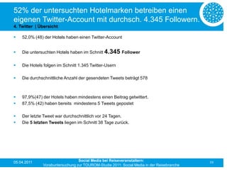 52% der untersuchten Hotelmarken betreiben einen
eigenen Twitter-Account mit durchsch. 4.345 Followern.
4. Twitter | Übersicht

   52,0% (48) der Hotels haben einen Twitter-Account


   Die untersuchten Hotels haben im Schnitt 4.345 Follower

   Die Hotels folgen im Schnitt 1.345 Twitter-Usern

   Die durchschnittliche Anzahl der gesendeten Tweets beträgt 578



   97,9%(47) der Hotels haben mindestens einen Beitrag getwittert.
   87,5% (42) haben bereits mindestens 5 Tweets gepostet

   Der letzte Tweet war durchschnittlich vor 24 Tagen.
   Die 5 letzten Tweets liegen im Schnitt 38 Tage zurück.




05.04.2011                       Social Media bei Reiseveranstaltern:                      10
              Vorabuntersuchung zur TOUROM-Studie 2011: Social Media in der Reisebranche
 