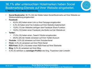 36,1% aller untersuchten Hotelmarken haben Social
Bookmarking-Dienste auf ihrer Website eingebettet.
6. Website | Social Media Optimierung

   Social Bookmarks: 36,1% (34) der Hotels haben Social Bookmarks auf Ihrer Website zur
    Weiterempfehlung eingebunden
   Facebook:
      42,6% (40) haben einen Link zu Ihrer Fanpage eingebunden
      4,3% (4) haben eine Fan-/Likebox auf Ihrer Website implementiert
      13,8% (13) der Websites verfügen über Facebook Share Funktion
      10,6% (10) bieten einen Facebook Like Button auf der Website an
   Twitter:
      17,0% (16) haben einen „Tweet it“-Button eingebunden
      26,6% (25) der Hotels verweisen auf ihren Twitter-Account
   Youtube: 8,5% (8) verweisen auf ihren Youtube-Kanal
   Flickr: 4,3% (4) verweisen auf ihren Flickr-Kanal
   RSS-Feed: 20,2% (19) bieten einen RSS-Feed auf Ihrer Startseite
   Blog: 6,4% (6) verweisen auf ihren Blog
   4,3% (4) verlinken zu sonstigen Profilen wie Xing, Tripadvisor oder LinkedIn




05.04.2011                       Social Media bei Reiseveranstaltern:                      15
              Vorabuntersuchung zur TOUROM-Studie 2011: Social Media in der Reisebranche
 