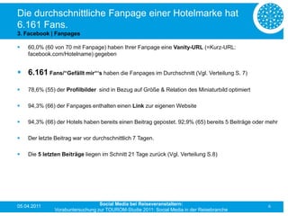 Die durchschnittliche Fanpage einer Hotelmarke hat
6.161 Fans.
3. Facebook | Fanpages

   60,0% (60 von 70 mit Fanpage) haben Ihrer Fanpage eine Vanity-URL (=Kurz-URL:
    facebook.com/Hotelname) gegeben


 6.161 Fans/“Gefällt mir“‘s haben die Fanpages im Durchschnitt (Vgl. Verteilung S. 7)

   78,6% (55) der Profilbilder sind in Bezug auf Größe & Relation des Miniaturbild optimiert

   94,3% (66) der Fanpages enthalten einen Link zur eigenen Website

   94,3% (66) der Hotels haben bereits einen Beitrag gepostet. 92,9% (65) bereits 5 Beiträge oder mehr

   Der letzte Beitrag war vor durchschnittlich 7 Tagen.

   Die 5 letzten Beiträge liegen im Schnitt 21 Tage zurück (Vgl. Verteilung S.8)




05.04.2011                       Social Media bei Reiseveranstaltern:                              6
              Vorabuntersuchung zur TOUROM-Studie 2011: Social Media in der Reisebranche
 