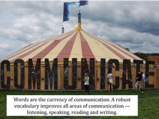 Words are the currency of communication. A robust
vocabulary improves all areas of communication —
listening, speaking, reading and writing.
http://www.scholastic.com/teachers/article/understanding-vocabulary

 