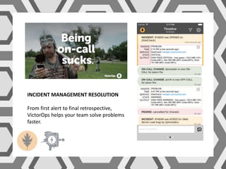 INCIDENT MANAGEMENT RESOLUTION
From first alert to final retrospective,
VictorOps helps your team solve problems
faster.
 