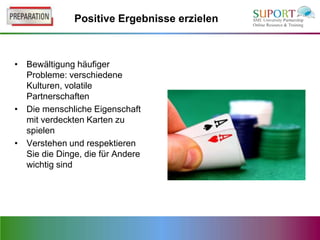 Positive Ergebnisse erzielen



• Bewältigung häufiger
  Probleme: verschiedene
  Kulturen, volatile
  Partnerschaften
• Die menschliche Eigenschaft
  mit verdeckten Karten zu
  spielen
• Verstehen und respektieren
  Sie die Dinge, die für Andere
  wichtig sind
 