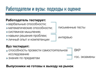 Работодатели и вузы: подходы к оценке
Работодатель тестирует:
вербальные способности;
математические способности;
системное мышление;
навыки решения проблем;
личный опыт и компетенции
Вуз тестирует:
способность провести самостоятельное
исследование
знания по предметам
письменные тесты
интервью
ВКР
гос. экзамены
Выпускники не готовы к выходу на рынок
 