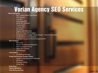 Vorian Agency SEO ServicesSearch Marketing
– SEO - Search Engine Optimisation
– SEO Services
– Local SEO
– International SEO
– Mobile SEO Marketing
– Technical SEO
– Forensic SEO
– Ethical SEO
– Negative SEO Monitoring
– Build an In-house SEO Program
– Google Algorithm Updates - Panda, Penguin , Pirate & Hummingbird
– Google Manual Penalty Recovery
– Reputation Management/Brand Management/PR
SEO Packages
– SEO Audits
– SEO for Site Redesigns/Migrations
– SEO Consultation Service
– Starter SEO Package
– SEO Packages
Link Building
– Link Building Packages
Google My Business (Google Places)
– Google Trusted Agency & Photography
– Still Photos
– Panoramic Photos
– Virtual Tours
Bing Places
Content Marketing
Copy Writing Services
Slide: 56
 