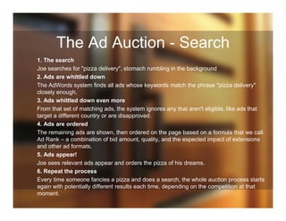 The Ad Auction - Search
1. The search
Joe searches for "pizza delivery", stomach rumbling in the background
2. Ads are whittled down
The AdWords system finds all ads whose keywords match the phrase "pizza delivery"
closely enough.
3. Ads whittled down even more
From that set of matching ads, the system ignores any that aren't eligible, like ads that
target a different country or are disapproved.
4. Ads are ordered
The remaining ads are shown, then ordered on the page based on a formula that we call
Ad Rank – a combination of bid amount, quality, and the expected impact of extensions
and other ad formats.
5. Ads appear!
Joe sees relevant ads appear and orders the pizza of his dreams.
6. Repeat the process
Every time someone fancies a pizza and does a search, the whole auction process starts
again with potentially different results each time, depending on the competition at that
moment.
 