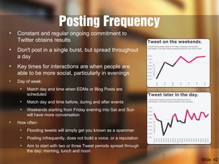 Posting Frequency
• Constant and regular ongoing commitment to
Twitter obtains results
• Don't post in a single burst, but spread throughout
a day
• Key times for interactions are when people are
able to be more social, particularly in evenings
• Day of week:
• Match day and time when EDMs or Blog Posts are
scheduled
• Match day and time before, during and after events
• Weekends starting from Friday evening into Sat and Sun
will have more conversation
• How often:
• Flooding tweets will simply get you known as a spammer
• Posting infrequently, does not build a voice, or a reputation
• Aim to start with two or three Tweet periods spread through
the day; morning, lunch and noon
Slide: 42
 