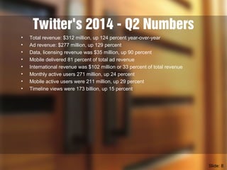 Twitter's 2014 - Q2 Numbers
• Total revenue: $312 million, up 124 percent year-over-year
• Ad revenue: $277 million, up 12...