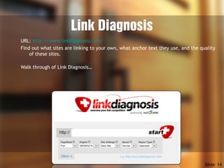 Link Diagnosis
URL: http://www.linkdiagnosis.com/
Find out what sites are linking to your own, what anchor text they use, ...