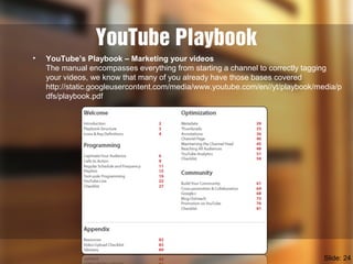 YouTube Playbook
• YouTube’s Playbook – Marketing your videos
The manual encompasses everything from starting a channel to...