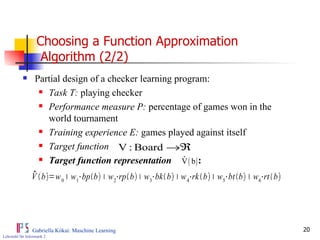 Choosing a Function Approximation  Algorithm (2/2) Partial design of a checker learning program: Task T:  playing checker Performance measure P:  percentage of games won in the world tournament Training experience E:  games played against itself Target function Target function representation   : 