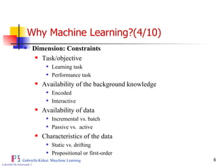 Why Machine Learning?(4/10) Dimension: Constraints Task/objective Learning task Performance task Availability of the background knowledge Encoded Interactive Availability of data Incremental vs. batch Passive vs.  active Characteristics of the data Static vs. drifting Propositional or first-order  