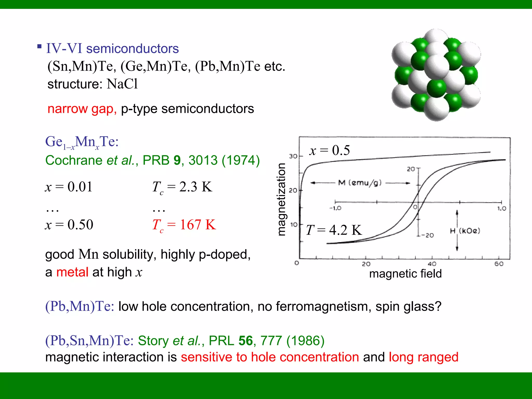  IV-VI semiconductors
(Sn,Mn)Te, (Ge,Mn)Te, (Pb,Mn)Te etc.
structure: NaCl
narrow gap, p-type semiconductors
Ge1–xMnxTe:
Cochrane et al., PRB 9, 3013 (1974)
x = 0.01 Tc = 2.3 K
… …
x = 0.50 Tc = 167 K
good Mn solubility, highly p-doped,
a metal at high x
(Pb,Mn)Te: low hole concentration, no ferromagnetism, spin glass?
(Pb,Sn,Mn)Te: Story et al., PRL 56, 777 (1986)
magnetic interaction is sensitive to hole concentration and long ranged
x = 0.5
T = 4.2 K
magnetic field
magnetization
 
