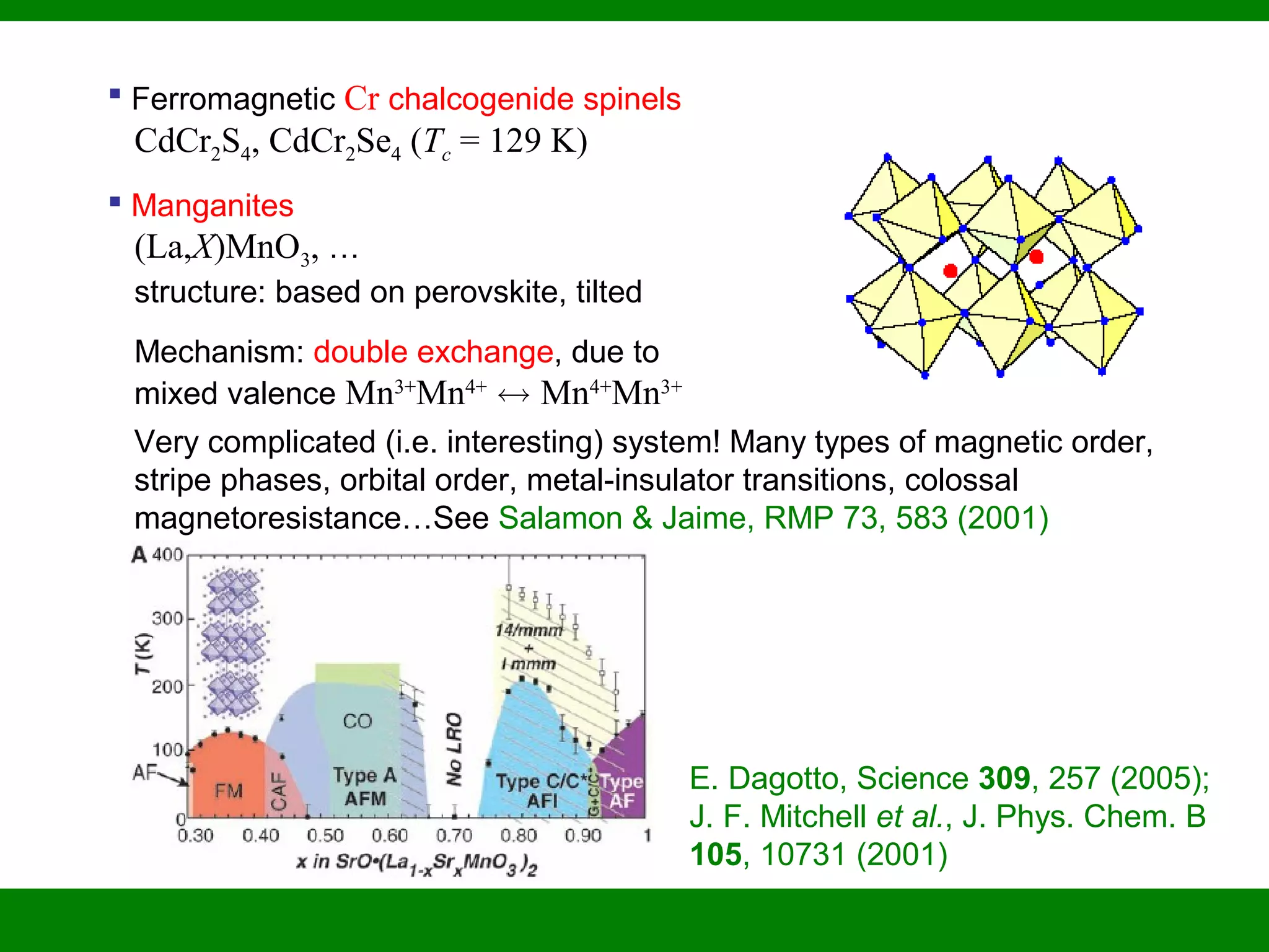  Ferromagnetic Cr chalcogenide spinels
CdCr2S4, CdCr2Se4 (Tc = 129 K)
 Manganites
(La,X)MnO3, …
structure: based on perovskite, tilted
Mechanism: double exchange, due to
mixed valence Mn3+
Mn4+
$ Mn4+
Mn3+
Very complicated (i.e. interesting) system! Many types of magnetic order,
stripe phases, orbital order, metal-insulator transitions, colossal
magnetoresistance…See Salamon & Jaime, RMP 73, 583 (2001)
E. Dagotto, Science 309, 257 (2005);
J. F. Mitchell et al., J. Phys. Chem. B
105, 10731 (2001)
 