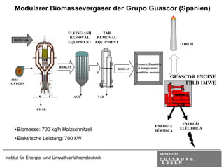 Modularer Biomassevergaser der Grupo Guascor (Spanien)


                                FLYING ASH      TAR
                                 REMOVAL      REMOVAL
    BIOMASS
                                EQUIPMENT    EQUIPMENT
                                                                                     TORCH




                                                              Pressure, Humidity
                           BIOGAS                              & temperature
                                                     BIOGAS
                                                              condition module
                                                                                   GUASCOR ENGINE
  AIR /
  OXYGEN                                                                                FBLD 1MWE

                                    ASH        TAR


                CHAR



                                                                                      ENERGÍA
                                                                           ENERGÍA
    • Biomasse: 700 kg/h Holzschnitzel                                               ELÉCTRICA
                                                                           TÉRMICA

    • Elektrische Leistung: 700 kW


Institut für Energie- und Umweltverfahrenstechnik
 
