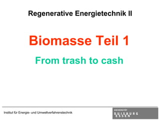 Regenerative Energietechnik II



                 Biomasse Teil 1
                      From trash to cash




Institut für Energie- und Umweltverfahrenstechnik
 