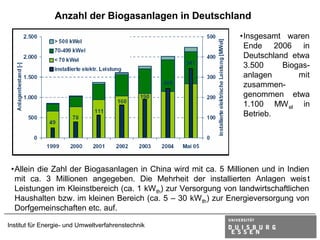 Anzahl der Biogasanlagen in Deutschland
                                                                •Insgesamt waren
                                                                 Ende 2006 in
                                                                 Deutschland etwa
                                                                 3.500     Biogas-
                                                                 anlagen       mit
                                                                 zusammen-
                                                                 genommen etwa
                                                                 1.100 MW el in
                                                                 Betrieb.




 •Allein die Zahl der Biogasanlagen in China wird mit ca. 5 Millionen und in Indien
  mit ca. 3 Millionen angegeben. Die Mehrheit der installierten Anlagen weis t
  Leistungen im Kleinstbereich (ca. 1 kW th) zur Versorgung von landwirtschaftlichen
  Haushalten bzw. im kleinen Bereich (ca. 5 – 30 kW th) zur Energieversorgung von
  Dorfgemeinschaften etc. auf.

Institut für Energie- und Umweltverfahrenstechnik
 