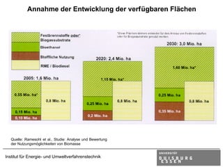 Annahme der Entwicklung der verfügbaren Flächen




  Quelle: Ramesohl et al., Studie: Analyse und Bewertung
  der Nutzungsmöglichkeiten von Biomasse


Institut für Energie- und Umweltverfahrenstechnik
 