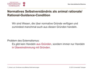 Das internalistische Dilemma




Normatives Selbstverständnis als animal rationale/
Rational-Guidance-Condition

       Wir sind Wesen, die über normative Gründe verfügen und
       zumindest manchmal auch aus diesen Gründen handeln.




Problem des Externalismus:
   Es gibt kein Handeln aus Gründen, sondern immer nur Handeln
   in Übereinstimmung mit Gründen.




7 | Anika Lutz: Emotionen als affektive Wahrnehmungen     © 2010 Universität Tübingen
 