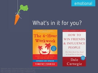 What’s in it for you?
emotional
Bildquellen: https://4p2p.files.wordpress.com/2013/06/mohrruebe.jpg?w=450&h=336
http://ecx.images-amazon.com/images/I/51G957Lf-1L.jpg
http://ecx.images-amazon.com/images/I/810IASGMUYL.jpg
 