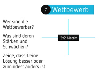 Wettbewerb7
2x2 Matrix
Wer sind die
Wettbewerber?
Was sind deren
Stärken und
Schwächen?
Zeige, dass Deine
Lösung besser oder
zumindest anders ist
 