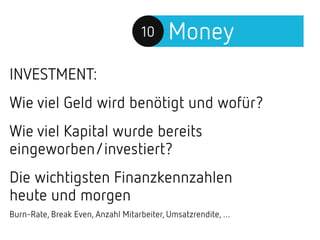 Money10
INVESTMENT:
Wie viel Geld wird benötigt und wofür?
Wie viel Kapital wurde bereits
eingeworben/investiert?
Die wichtigsten Finanzkennzahlen
heute und morgen
Burn-Rate, Break Even, Anzahl Mitarbeiter, Umsatzrendite, …
 