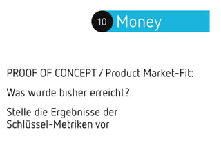Money10
PROOF OF CONCEPT/Product Market-Fit:
Was wurde bisher erreicht?
Stelle die Ergebnisse der
Schlüssel-Metriken vor
 