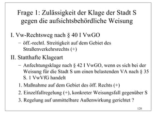Frage 1: Zulässigkeit der Klage der Stadt S
   gegen die aufsichtsbehördliche Weisung

I. Vw-Rechtsweg nach § 40 I VwGO
   – öff.-rechtl. Streitigkeit auf dem Gebiet des
     Straßenverkehrsrechts (+)
II. Statthafte Klageart
   – Anfechtungsklage nach § 42 I VwGO, wenn es sich bei der
      Weisung für die Stadt S um einen belastenden VA nach § 35
      S. 1 VwVfG handelt
   1. Maßnahme auf dem Gebiet des öff. Rechts (+)
   2. Einzelfallregelung (+), konkreter Weisungsfall gegenüber S
   3. Regelung auf unmittelbare Außenwirkung gerichtet ?
                                                          120
 