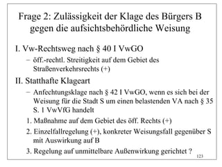 Frage 2: Zulässigkeit der Klage des Bürgers B
   gegen die aufsichtsbehördliche Weisung

I. Vw-Rechtsweg nach § 40 I VwGO
   – öff.-rechtl. Streitigkeit auf dem Gebiet des
     Straßenverkehrsrechts (+)
II. Statthafte Klageart
   – Anfechtungsklage nach § 42 I VwGO, wenn es sich bei der
      Weisung für die Stadt S um einen belastenden VA nach § 35
      S. 1 VwVfG handelt
   1. Maßnahme auf dem Gebiet des öff. Rechts (+)
   2. Einzelfallregelung (+), konkreter Weisungsfall gegenüber S
      mit Auswirkung auf B
   3. Regelung auf unmittelbare Außenwirkung gerichtet ?
                                                          123
 