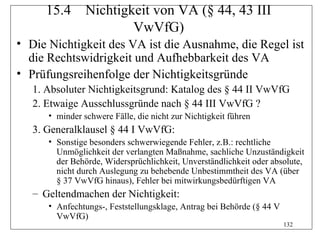 15.4       Nichtigkeit von VA (§ 44, 43 III
                        VwVfG)
• Die Nichtigkeit des VA ist die Ausnahme, die Regel ist
  die Rechtswidrigkeit und Aufhebbarkeit des VA
• Prüfungsreihenfolge der Nichtigkeitsgründe
   1. Absoluter Nichtigkeitsgrund: Katalog des § 44 II VwVfG
   2. Etwaige Ausschlussgründe nach § 44 III VwVfG ?
      • minder schwere Fälle, die nicht zur Nichtigkeit führen
   3. Generalklausel § 44 I VwVfG:
      • Sonstige besonders schwerwiegende Fehler, z.B.: rechtliche
        Unmöglichkeit der verlangten Maßnahme, sachliche Unzuständigkeit
        der Behörde, Widersprüchlichkeit, Unverständlichkeit oder absolute,
        nicht durch Auslegung zu behebende Unbestimmtheit des VA (über
        § 37 VwVfG hinaus), Fehler bei mitwirkungsbedürftigen VA
   – Geltendmachen der Nichtigkeit:
      • Anfechtungs-, Feststellungsklage, Antrag bei Behörde (§ 44 V
        VwVfG)
                                                                       132
 