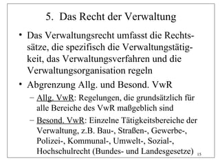 5. Das Recht der Verwaltung
• Das Verwaltungsrecht umfasst die Rechts-
  sätze, die spezifisch die Verwaltungstätig-
  keit, das Verwaltungsverfahren und die
  Verwaltungsorganisation regeln
• Abgrenzung Allg. und Besond. VwR
  – Allg. VwR: Regelungen, die grundsätzlich für
    alle Bereiche des VwR maßgeblich sind
  – Besond. VwR: Einzelne Tätigkeitsbereiche der
    Verwaltung, z.B. Bau-, Straßen-, Gewerbe-,
    Polizei-, Kommunal-, Umwelt-, Sozial-,
    Hochschulrecht (Bundes- und Landesgesetze) 15
 