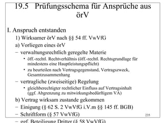 19.5 Prüfungsschema für Ansprüche aus
                  örV
I. Anspruch entstanden
   1) Wirksamer örV nach §§ 54 ff. VwVfG
   a) Vorliegen eines örV
   – verwaltungsrechtlich geregelte Materie
      • öff.-rechtl. Rechtverhältnis (öff.-rechtl. Rechtsgrundlage für
        mindestens eine Hauptleistungspflicht)
      • zu beurteilen nach Vertragsgegenstand, Vertragszweck,
        Gesamtzusammenhang
   – vertragliche (zweiseitige) Regelung
      • gleichberechtigter rechtlicher Einfluss auf Vertragsinhalt
        (ggf. Abgrenzung zu mitwirkungsbedürftigem VA)
   b) Vertrag wirksam zustande gekommen
   – Einigung (§ 62 S. 2 VwVfG i.V.m §§ 145 ff. BGB)
   – Schriftform (§ 57 VwVfG)                                            235

   –
 