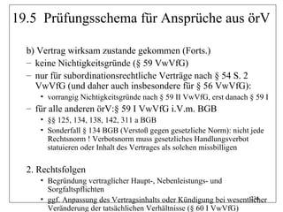 19.5 Prüfungsschema für Ansprüche aus örV

  b) Vertrag wirksam zustande gekommen (Forts.)
  – keine Nichtigkeitsgründe (§ 59 VwVfG)
  – nur für subordinationsrechtliche Verträge nach § 54 S. 2
    VwVfG (und daher auch insbesondere für § 56 VwVfG):
     • vorrangig Nichtigkeitsgründe nach § 59 II VwVfG, erst danach § 59 I
  – für alle anderen örV:§ 59 I VwVfG i.V.m. BGB
     • §§ 125, 134, 138, 142, 311 a BGB
     • Sonderfall § 134 BGB (Verstoß gegen gesetzliche Norm): nicht jede
       Rechtsnorm ! Verbotsnorm muss gesetzliches Handlungsverbot
       statuieren oder Inhalt des Vertrages als solchen missbilligen

  2. Rechtsfolgen
     • Begründung vertraglicher Haupt-, Nebenleistungs- und
       Sorgfaltspflichten
     • ggf. Anpassung des Vertragsinhalts oder Kündigung bei wesentlicher
                                                                    236
       Veränderung der tatsächlichen Verhältnisse (§ 60 I VwVfG)
 