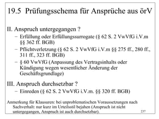 19.5 Prüfungsschema für Ansprüche aus örV

II. Anspruch untergegangen ?
    – Erfüllung oder Erfüllungssurrogate (§ 62 S. 2 VwVfG i.V.m
      §§ 362 ff. BGB)
    – Pflichtverletzung (§ 62 S. 2 VwVfG i.V.m §§ 275 ff., 280 ff.,
      311 ff., 323 ff. BGB)
    – § 60 VwVfG (Anpassung des Vertragsinhalts oder
      Kündigung wegen wesentlicher Änderung der
      Geschäftsgrundlage)

III. Anspruch durchsetzbar ?
    – Einreden (§ 62 S. 2 VwVfG i.V.m. §§ 320 ff. BGB)

Anmerkung für Klausuren: bei unproblematischen Voraussetzungen nach
  Sachverhalt: nur kurz im Urteilsstil bejahen (Anspruch ist nicht
  untergegangen, Anspruch ist auch durchsetzbar).                     237
 