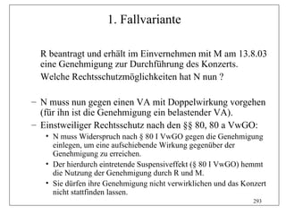 1. Fallvariante

  R beantragt und erhält im Einvernehmen mit M am 13.8.03
  eine Genehmigung zur Durchführung des Konzerts.
  Welche Rechtsschutzmöglichkeiten hat N nun ?

– N muss nun gegen einen VA mit Doppelwirkung vorgehen
  (für ihn ist die Genehmigung ein belastender VA).
– Einstweiliger Rechtsschutz nach den §§ 80, 80 a VwGO:
   • N muss Widerspruch nach § 80 I VwGO gegen die Genehmigung
     einlegen, um eine aufschiebende Wirkung gegenüber der
     Genehmigung zu erreichen.
   • Der hierdurch eintretende Suspensiveffekt (§ 80 I VwGO) hemmt
     die Nutzung der Genehmigung durch R und M.
   • Sie dürfen ihre Genehmigung nicht verwirklichen und das Konzert
     nicht stattfinden lassen.
                                                                293
 