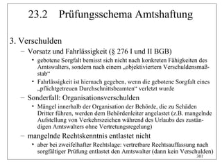 23.2      Prüfungsschema Amtshaftung

3. Verschulden
  – Vorsatz und Fahrlässigkeit (§ 276 I und II BGB)
     • gebotene Sorgfalt bemisst sich nicht nach konkreten Fähigkeiten des
       Amtswalters, sondern nach einem „objektiviertem Verschuldensmaß-
       stab“
     • Fahrlässigkeit ist hiernach gegeben, wenn die gebotene Sorgfalt eines
       „pflichtgetreuen Durchschnittsbeamten“ verletzt wurde
  – Sonderfall: Organisationsverschulden
     • Mängel innerhalb der Organisation der Behörde, die zu Schäden
       Dritter führen, werden dem Behördenleiter angelastet (z.B. mangelnde
       Aufstellung von Verkehrszeichen während des Urlaubs des zustän-
       digen Amtswalters ohne Vertretungsregelung)
  – mangelnde Rechtskenntnis entlastet nicht
     • aber bei zweifelhafter Rechtslage: vertretbare Rechtsauffassung nach
       sorgfältiger Prüfung entlastet den Amtswalter (dann kein Verschulden)
                                                                      301
 