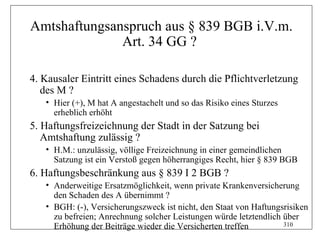 Amtshaftungsanspruch aus § 839 BGB i.V.m.
              Art. 34 GG ?

4. Kausaler Eintritt eines Schadens durch die Pflichtverletzung
   des M ?
   • Hier (+), M hat A angestachelt und so das Risiko eines Sturzes
     erheblich erhöht
5. Haftungsfreizeichnung der Stadt in der Satzung bei
   Amtshaftung zulässig ?
   • H.M.: unzulässig, völlige Freizeichnung in einer gemeindlichen
     Satzung ist ein Verstoß gegen höherrangiges Recht, hier § 839 BGB
6. Haftungsbeschränkung aus § 839 I 2 BGB ?
   • Anderweitige Ersatzmöglichkeit, wenn private Krankenversicherung
     den Schaden des A übernimmt ?
   • BGH: (-), Versicherungszweck ist nicht, den Staat von Haftungsrisiken
     zu befreien; Anrechnung solcher Leistungen würde letztendlich über
     Erhöhung der Beiträge wieder die Versicherten treffen         310
 