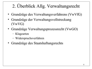 2. Überblick Allg. Verwaltungsrecht
• Grundzüge des Verwaltungsverfahrens (VwVfG)
• Grundzüge der Verwaltungsvollstreckung
  (VwVG)
• Grundzüge Verwaltungsprozessrecht (VwGO)
  – Klagearten
  – Widerspruchsverfahren
• Grundzüge des Staatshaftungsrechts




                                                4
 